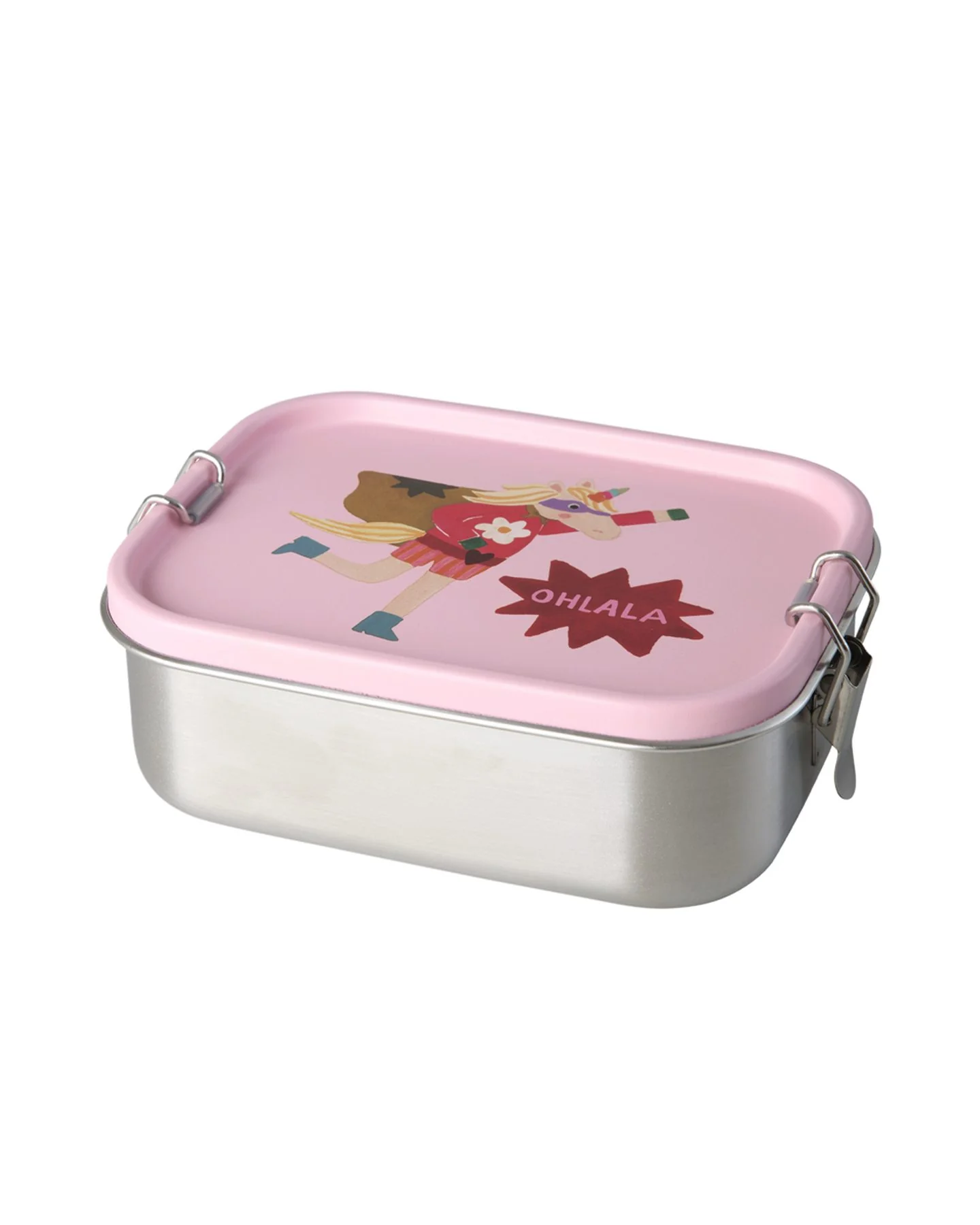 RICE Lunchbox Brotdose aus Metall Rosa Super Hero Print