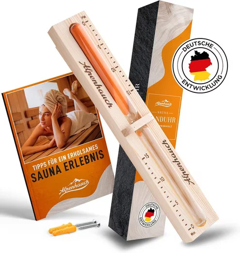 ALPENHAUCH Sauna Sanduhr 15 Minuten aus Holz drehbar Sicherheitsglas
