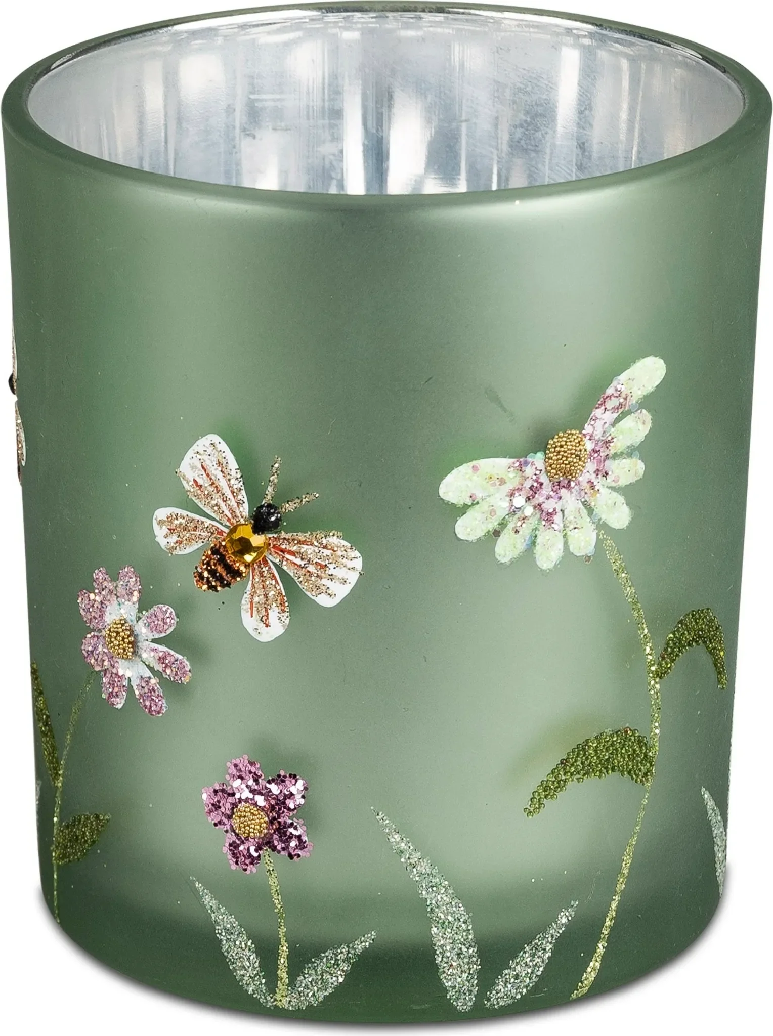 Deko-Windlicht „Sommerwiese“ – Glas, grün/silber, H. 8 cm